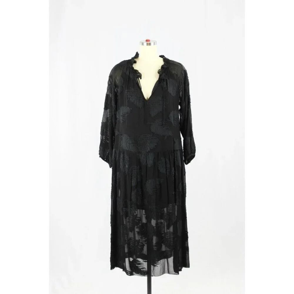 Aritzia WILFRED Dufour Black Sheer Leaf Jacquard Midi Peasant Dress, Size S - Picture 1 of 16